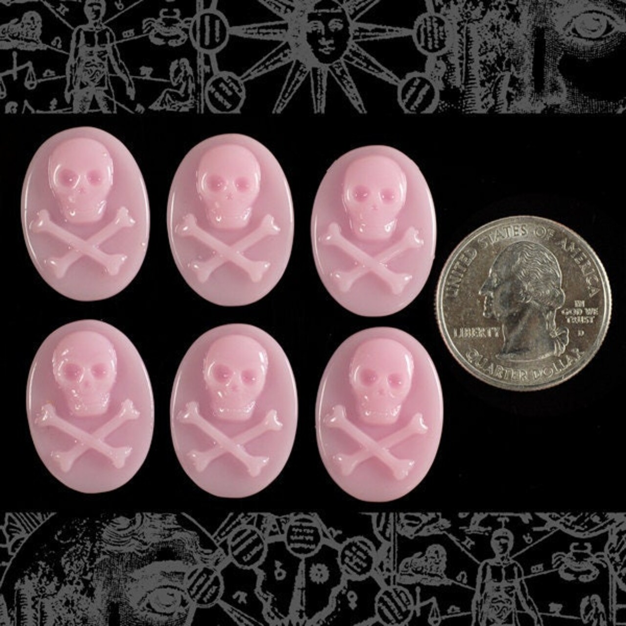 Pink Skull and Crossbones 24mm x 18mm Resin Cameos - Set of Six - CAM47